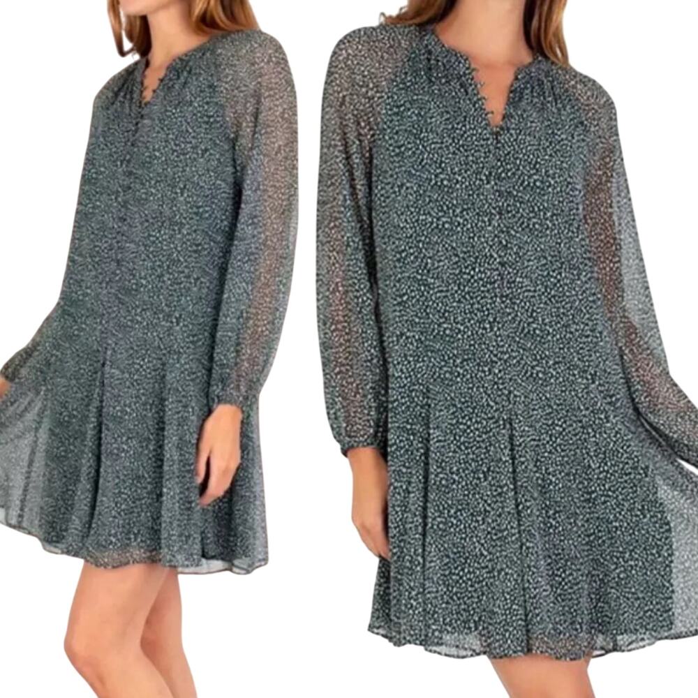 Joie Balloon Sleeve Mini Swing Dress Button Front Animal Dot Print Green XXL